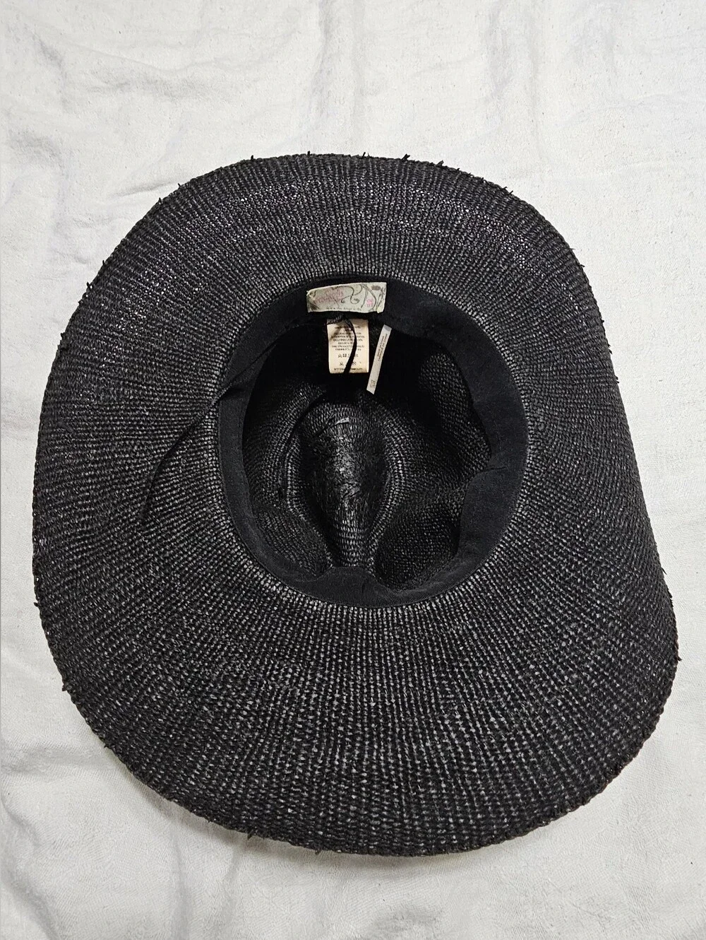 Free People Black Straw Paper Woven Sun Hat Wide Brim Rope Accent Beach One Size